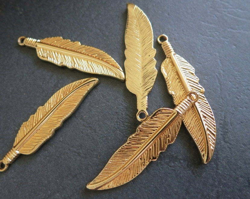 12pcs Gold Feather Charm pendant Beads 10x42mm G3604