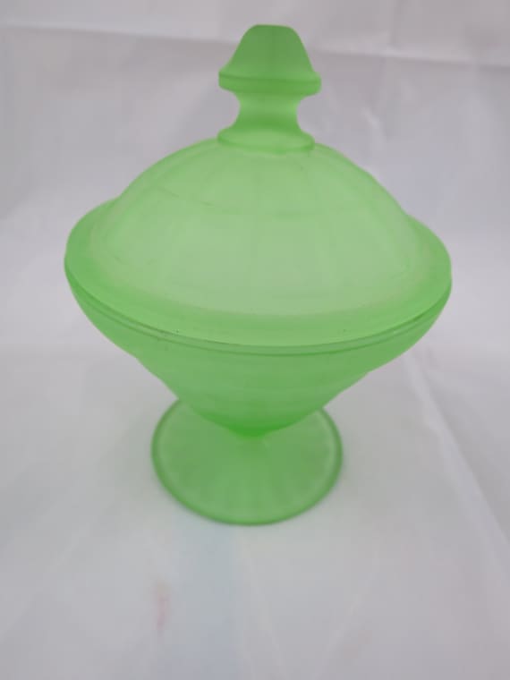 Green Sugar Bowl w/ Lid Frosted Block Optic Depression ...