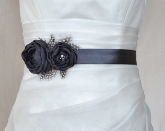 Handcraft Charcoal Grey Two Flowers With Feathers Wedding Bridal Sash Belt