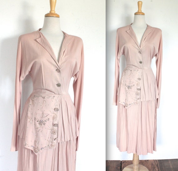 Vintage 1940s Dress // 40s Dusty Rose Cocktail Peplum Dress with Hand ...