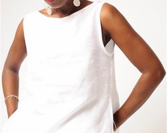 White. Linen, Sculptured Top, Uneven Hemline, Sleeveless, Bateau Neckline, Deep V Back, Slits At Side, Reversible, Summer, Travel, Party