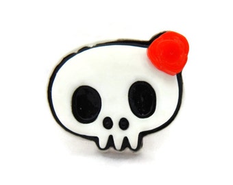 Women's Skull Ring - Black, White and Red - Pinup, Rockabilly, Retro - Girly Skull with red rose