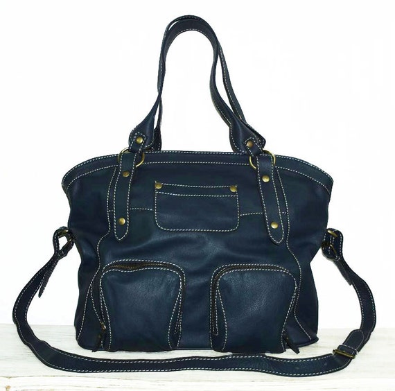Dark Blue Leather Tote Bag | IUCN Water