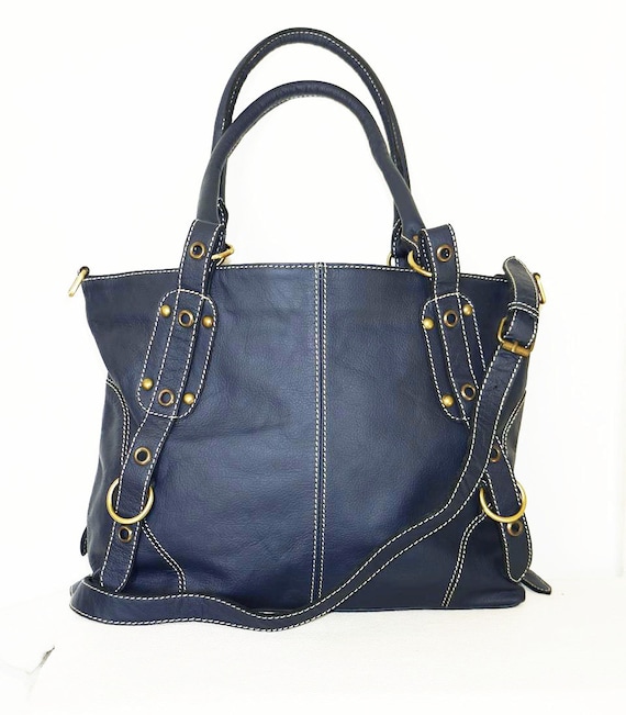 Navy Blue Leather Handbag Tote Cross-body Bag Nora by ChicLeather