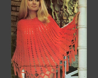 Vintage look Granny Square Crochet Poncho Pattern PDF 629 from WonkyZebra