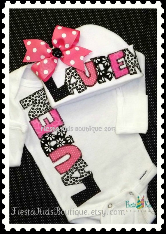 Coming home baby onesie with beanie hat, infant layette, newborn girl outfit Il_570xn
