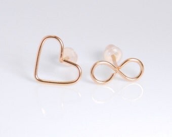 Rose gold infinity love earrings, post earrings, entirely with 14K rose gold filled material
