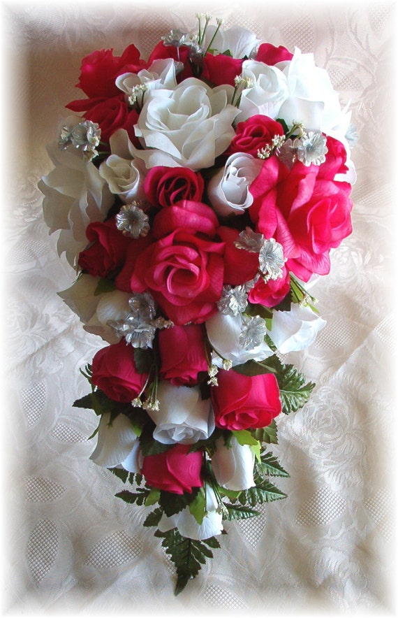 Items similar to 8pc Silk Wedding Flowers Bridal Rose Bouquet HOT PINK