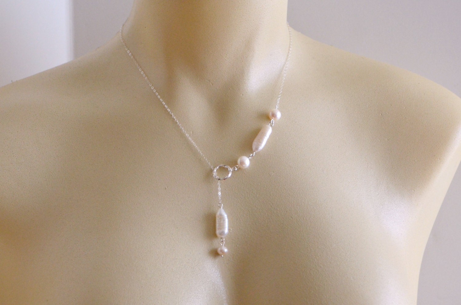 Silver And Pearl Lariat Necklace Sterling By Lovelyjewelsboutique