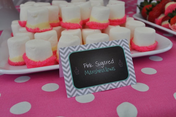 Food Label Tent Cards - Buffet Labels - Girls 1st Birthday Decorations - Chalkboard with Gray Chevron - Pink & Mint Green - Set of 12 Il_570xn