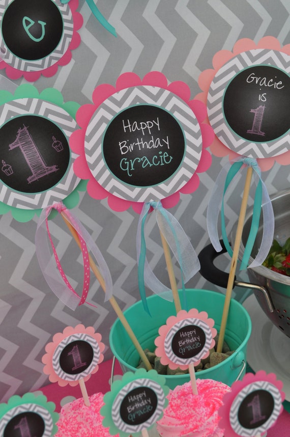 1st Birthday Centerpiece Sticks - Girls 1st Birthday Decorations - Chalkboard with Gray Chevron - Pink & Mint Green - Set of 3 Il_570xn
