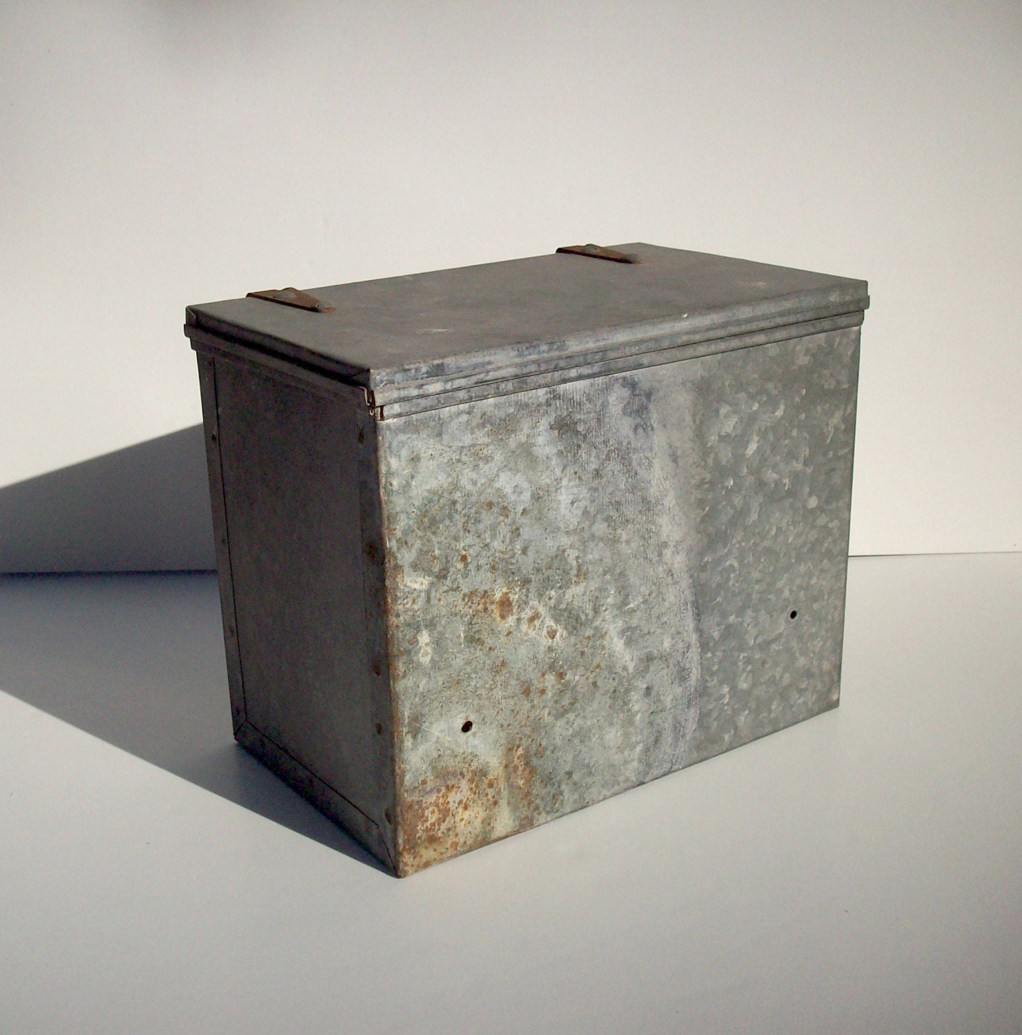 Vintage Industrial Metal Galvanized Box With Hinged Lid
