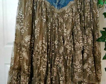 Belle Bohémienne bohemian jean skirt ruffled taupe lace funky frou frou Renaissance Denim Couture fairy goddess Made to Order