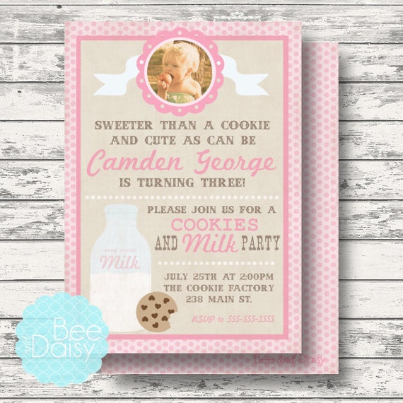Vintage Cookies and Milk Invitation for Birthday Party or Baby Shower - Girls DIY Printable Invite by BeeAndDaisy Il_570xn