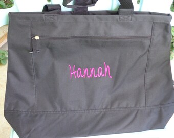 Set of nine monogrammed bridesmaids totes that are made to order.