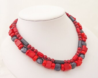 Red Coral and Blue Gold Sand Necklace, Blue and Red Necklace, Double Strand Necklace, UK Seller
