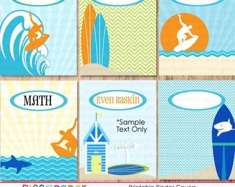 Printable Binder Covers with surfboards, surfer on giant wave, sharks and beach scene- Add your own text to customize them