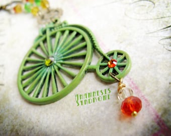 Penny Farthing bicycle necklace victorian green Steampunk and vintage