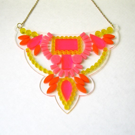 Pink Floating Bib Statement Necklace - Neon Mirror Transparent Clear Laser Cut Jewelry