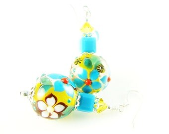 Flower Lampwork Earrings, Glass Bead Earrings, Lampwork Jewelry, Beadwork Earrings, Glass Bead Jewelry, Turquoise Yellow Earrings