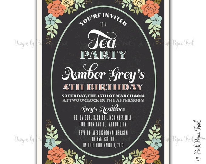 Shabby Chic Chalkboard Tea Party Invitation v4 - Customizable Wordings - Printable - Wedding - Bridal Shower - Baby Shower - Birthdays