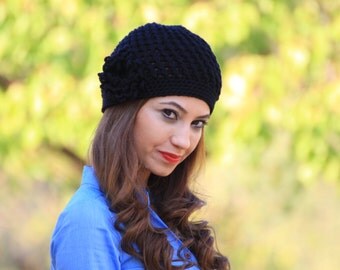 Black beanie hat, Women crochet beanie, flower applique hat, black crochet hat, custom made beanie for women
