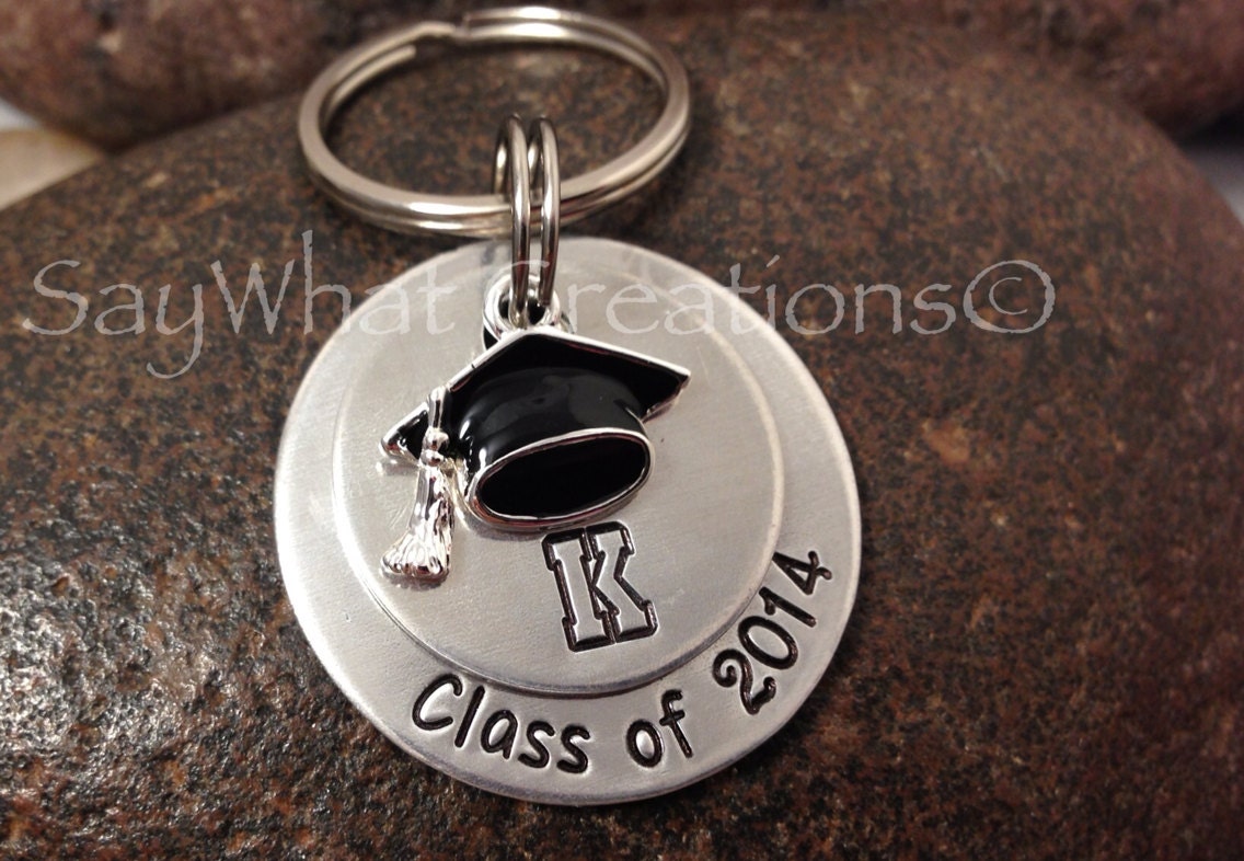 Graduation key chain hand stamped stacked