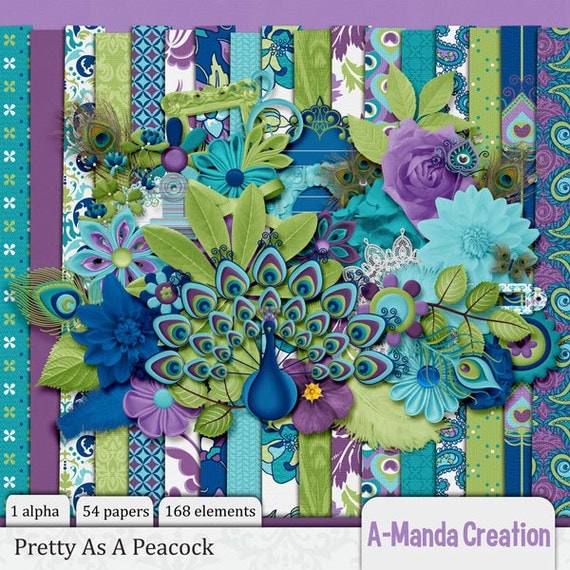 Pretty as a Peacock Digital Scrapbooking Kit, includes 1 alpha, 54 papers and 168 elements Il_570xn