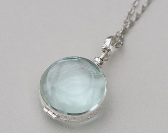 Glass Round Silver Locket Necklace,Silver Plated Glass Locket,Glass Photo Locket,Jewelry Gift,