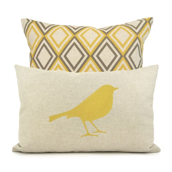 12x18 Bird pillow cover - Mustard yellow and natural beige decorative pillow - Bird print lumbar pillow with geometric pattern back