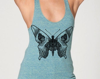 womans racerback tank top- butterfly human skull- American Apparel lemon green - available in XS,S,M, L- Worlwide Shipping