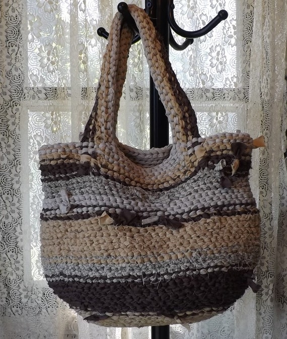 Rag Crochet Boho Shabby Chic Unique Handbag Purse Brown Mustard Beige - Free Shipping