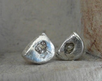 Pave set-Rose cut -Raw Rough Diamond-post back-stud earrings- organic silver-half moon shape