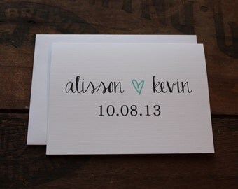 Wedding Thank You Cards with Envelopes / Custom Name Bride & Groom with Date and Heart/ Couples / Set of 10