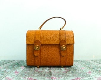 Bolsa de box de cuero Vintage / monedero / bolso / caso de la belleza / caramelo marrón / robusto / años 70