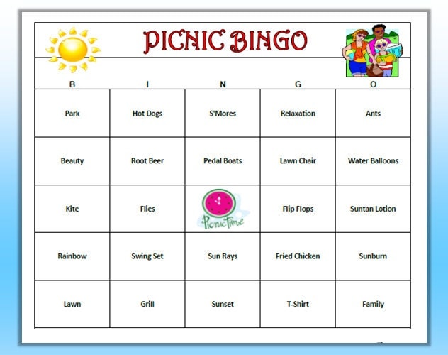 Picnic Party Bingo Game 60 Cards Picnic by BuyMeSomeHappiness