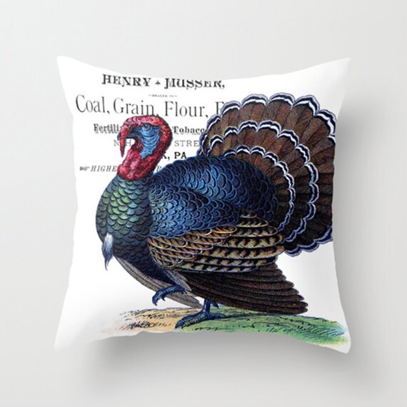 Throw Pillow Cover Thanksgiving Turkey on Vintage Ephemera