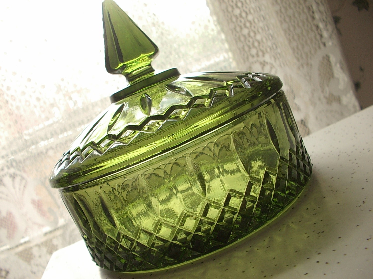 Vintage 1960's Green glass candy dish with lid by ShoponSherman