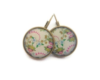 Pink,Cream,Lime Green Flower Earrings