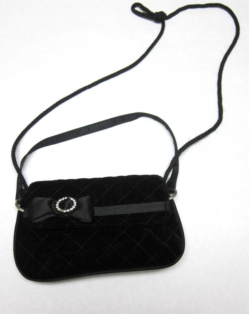 Black Velvet Purse Bow Rhinestone Quilted Handbag Shoulderbag