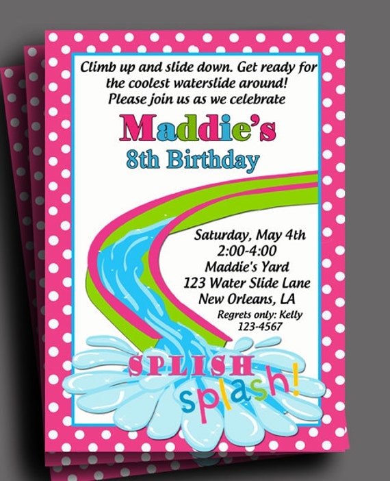 Girls Waterslide Pool Party Birthday Party Invitation Printable or Printed with FREE SHIPPING Il_570xn