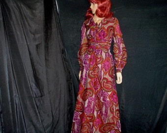 60s L Matinee Chiffon DRESS Pink Purple Paisley Batik Print