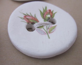 6 Rosebud Pattern Glazed White Ceramic Buttons