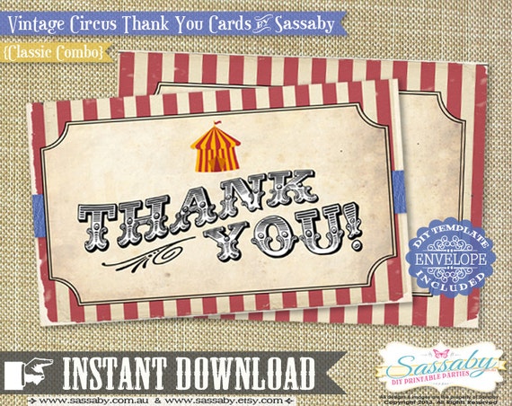 Vintage Circus Thank You Cards - INSTANT DOWNLOAD - Printable PDF Digital File by Sassaby Il_570xn
