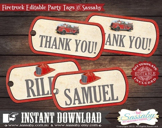Firetruck Party/Gift Tags - INSTANT DOWNLOAD - Editable & Printable Birthday Decorations by Sassaby Il_570xn