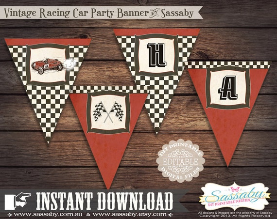 Vintage Racing Car Party Banner - INSTANT DOWNLOAD - Editable & Printable Birthday Decoration by Sassaby Il_570xn