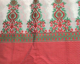 One yard creme chanderi cotton silk with a red and green pattern