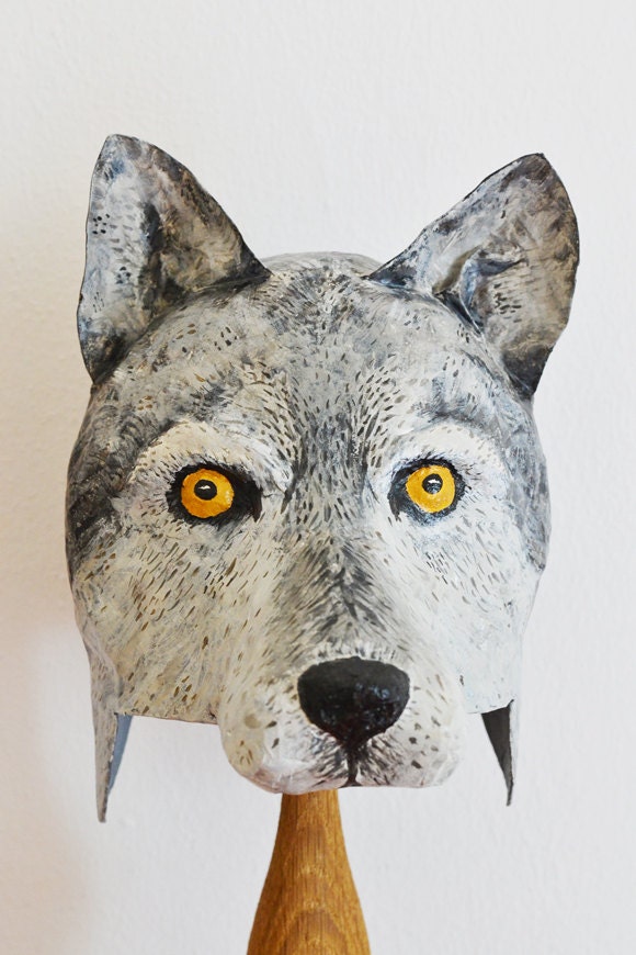 Paper mache wolf head hat or wall mounted decor