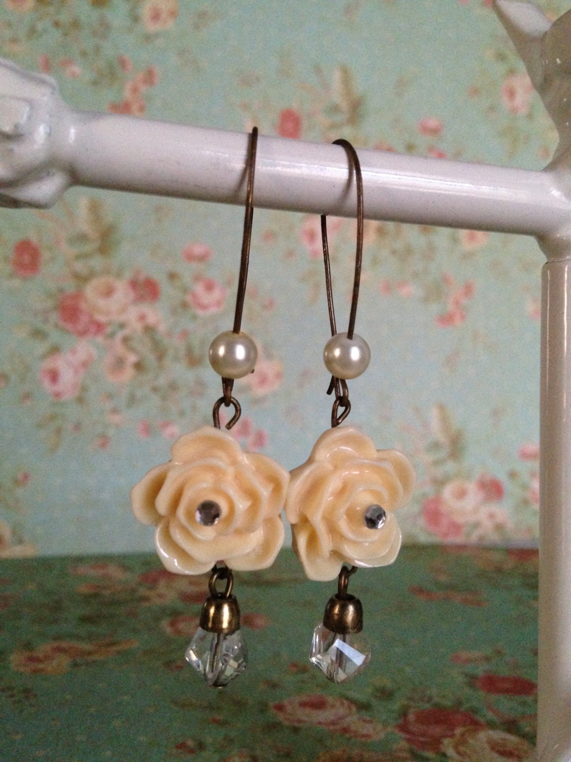 Ivory flower dangle earrings by LacedWithMetal on Etsy