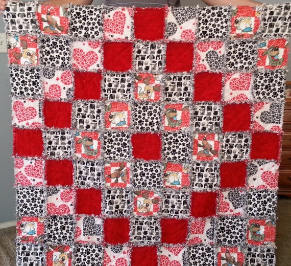 Red and Black Dog Paws Flannel Rag Quilt